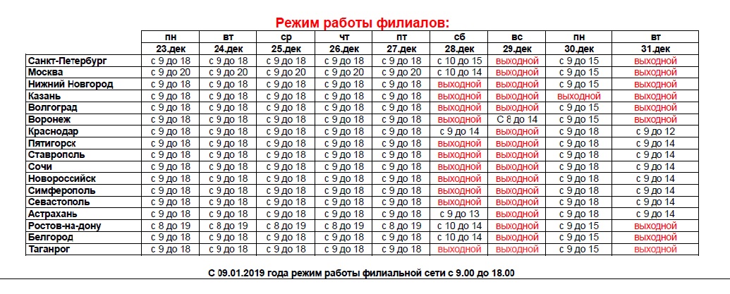 Режим работы филиалов ООО "БСД" в период новогодних праздников